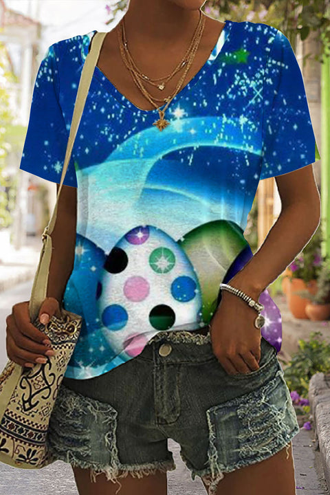 Happy Easter Day Colorful Eggs Starry Sky V Neck Short Sleeve T-shirt