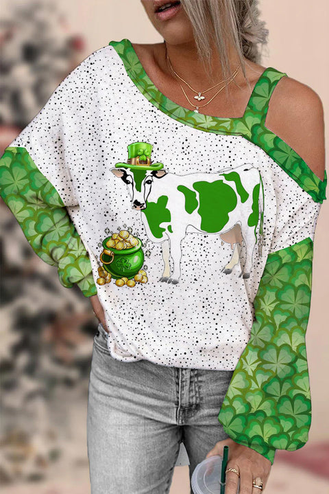 Casual Green Sheep Shamrocks One Shoulder Blouse