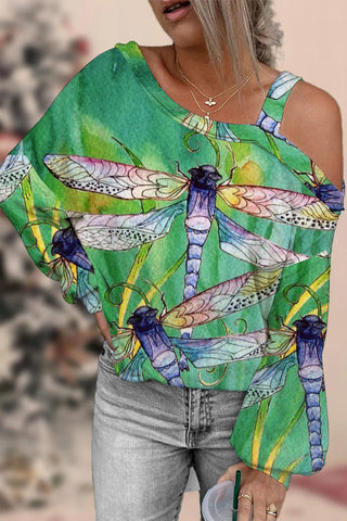 Dragonflies Paintings Off-shoulder Blouse