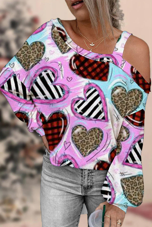 Leopard Stripe Plaid Print Heart Off-shoulder Blouse