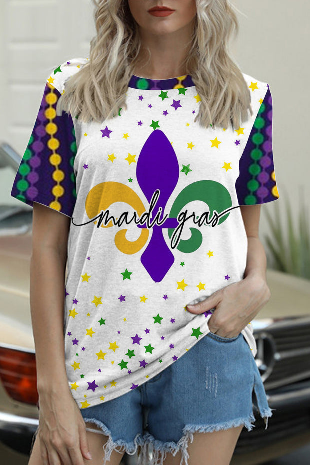 Mardi Gras Fleur De Lis Beads Stars Round Neck Short Sleeve T-shirt