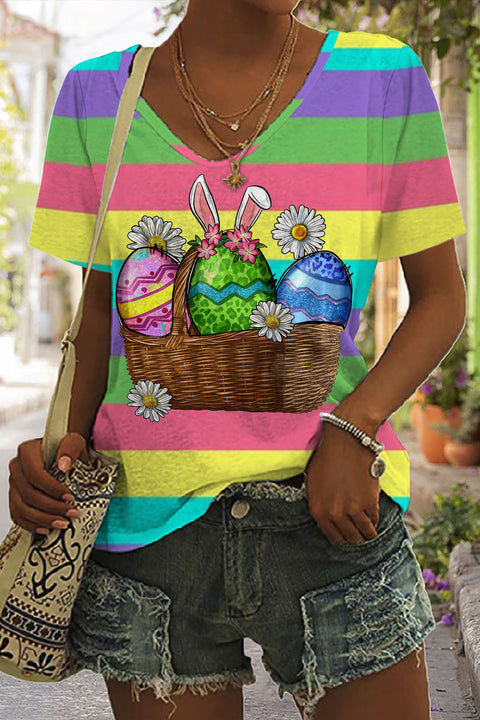 Happy Easter Day Colorful Eggs Stripe V Neck Short Sleeve T-shirt