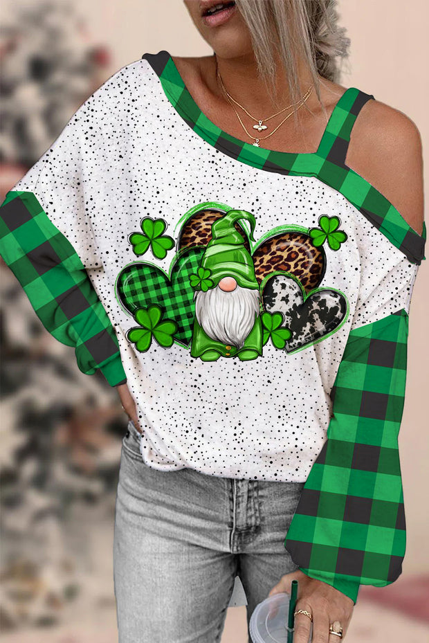 Western Shamrocks Gnome Plaid Polka Dots Off-shoulder Blouse