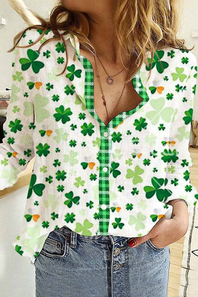 Casual Lucky Green Shamrocks Paid Printed Long Sleeve Shirt