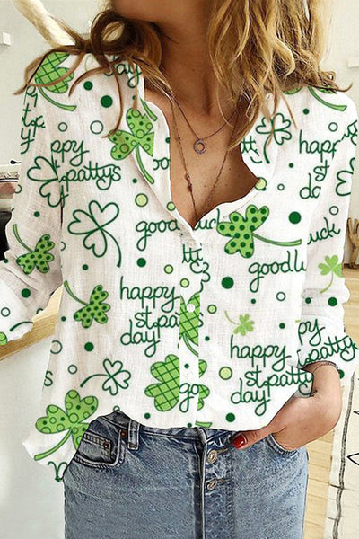 Casual Happy St. Pattys Day Good Luck Green Shamrocks Printed Long Sleeve Shirt