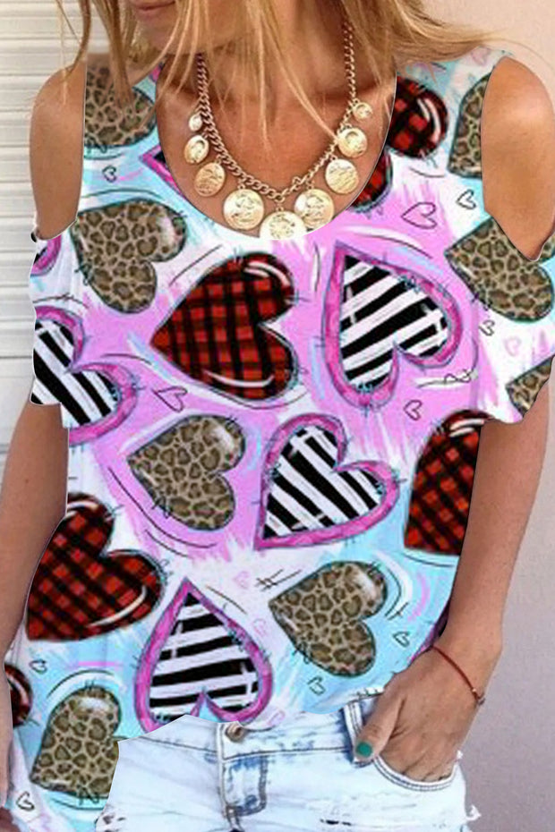 Leopard Stripe Plaid Print Heart Cold Shoulder T-shirt