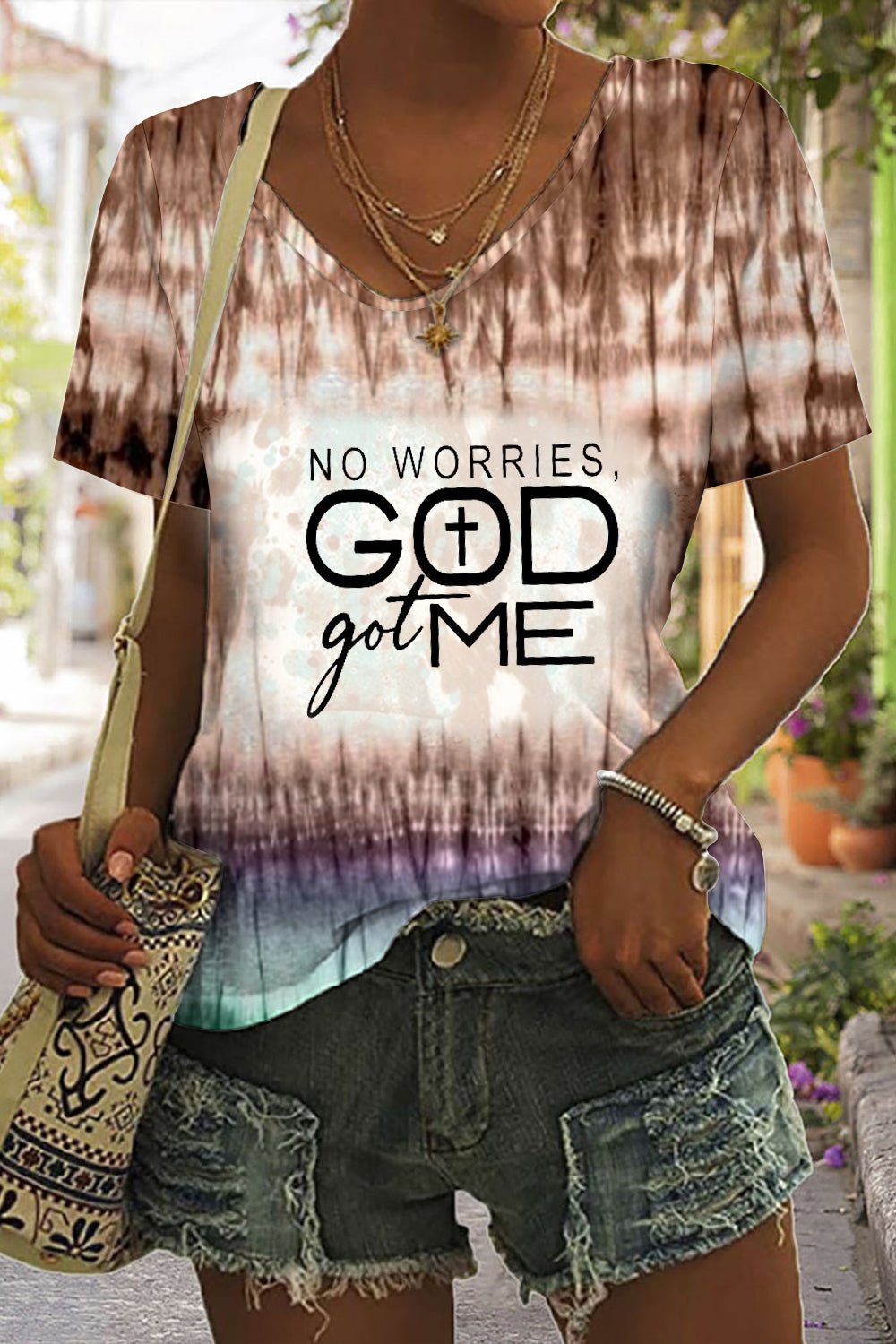 No Worries Got Me Christian Print V-neck T-shirt