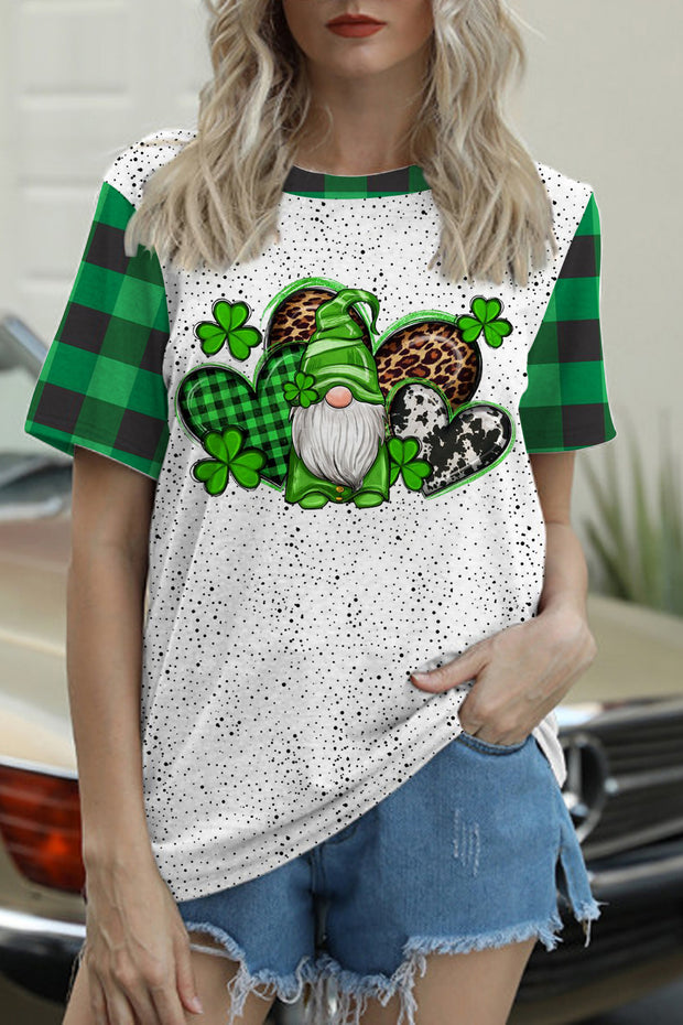 Western Shamrocks Gnome Plaid Polka Dots Round Neck T-shirt