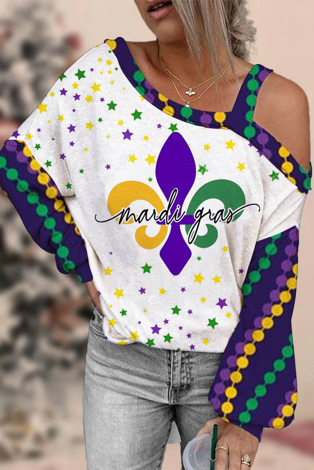 Mardi Gras Fleur De Lis Beads Stars Off-Shoulder Blouse