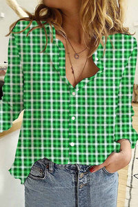 Casual Lucky Green Shamrocks Paid Printed Long Sleeve Shirt