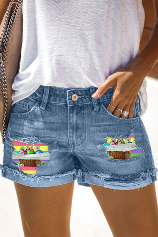 Happy Easter Day Colorful Eggs Stripe Denim Shorts