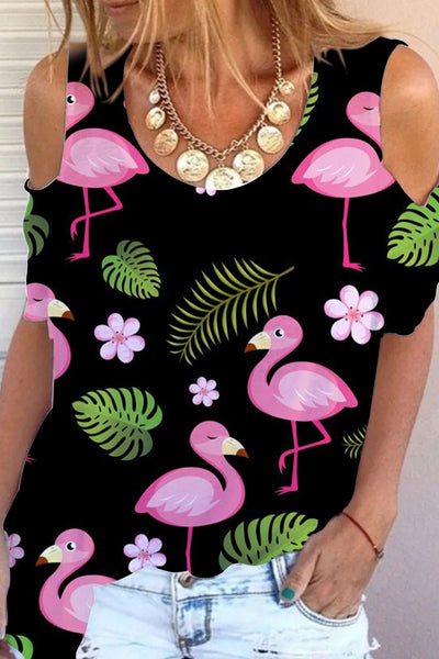 Flamingos Flowers And Plant Pattern Cold Shoulder T-shirt