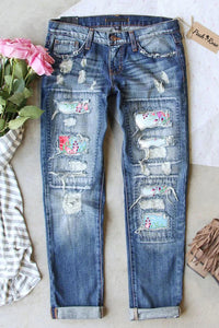 Happy Easter Colorful Eggs Floral Printed Ripped Denim Jeans
