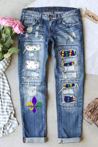 Mardi Gras Fleur De Lis Beads Stars Ripped Denim Jeans