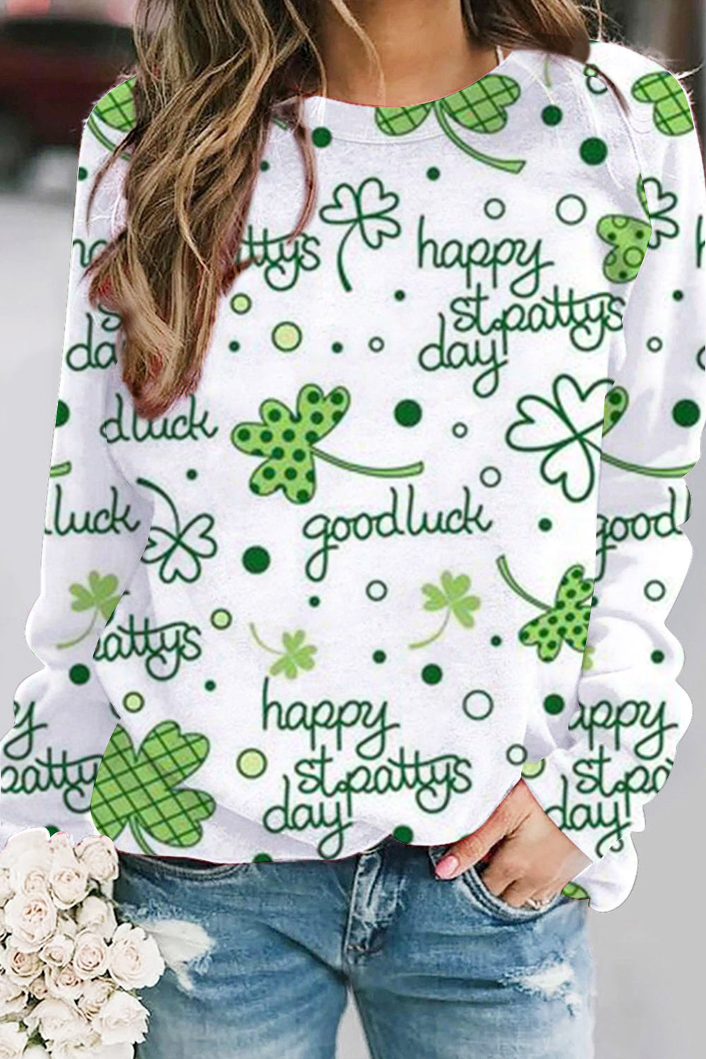 Casual Happy St. Pattys Day Good Luck Green Shamrocks Printed Sweatshirt