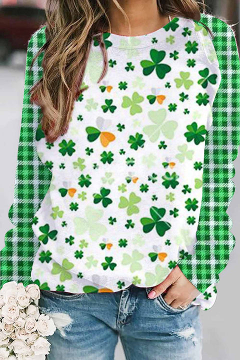 Casual Lucky Green Shamrocks Paid Printed Sweatshirt