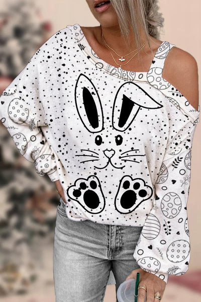 Happy Easter Day Bunnies Eggs Polka Printed Off-Shoulder Blouse