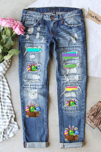 Happy Easter Day Colorful Eggs Stripe Ripped Denim Jeans