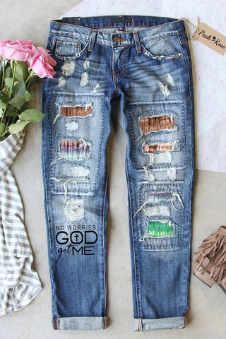 No Worries Got Me Christian Print Ripped Denim Jeans