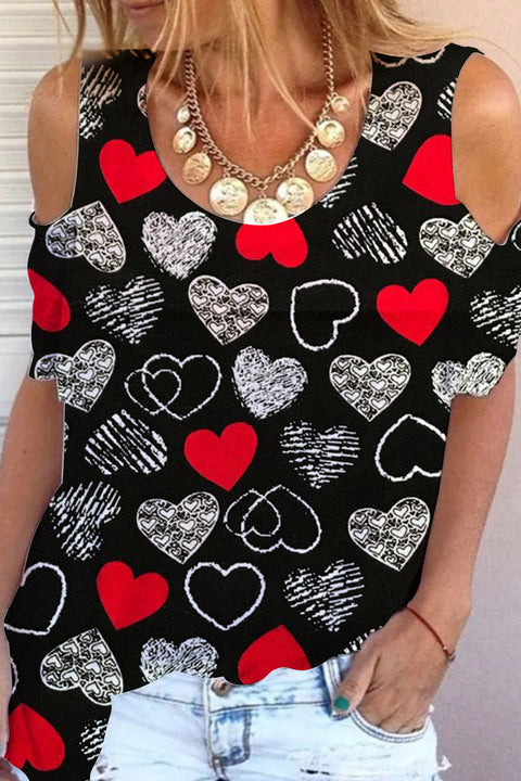 Love Heart Black Cold Shoulder T-shirt