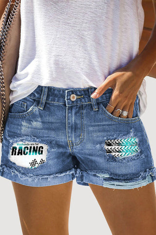 Weekens Are For Racing Print Ripped Denim Shorts