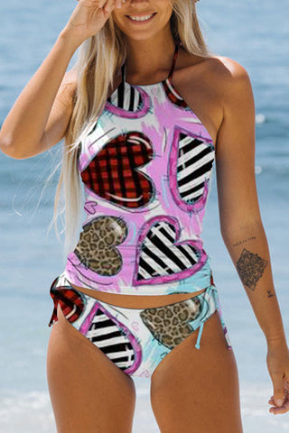 Leopard Stripe Plaid Print Heart Bikini Swimsuit