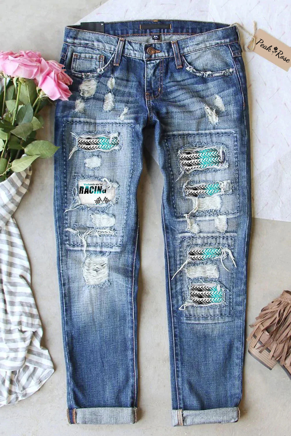 Weekens Are For Racing Print Ripped Denim Jeans