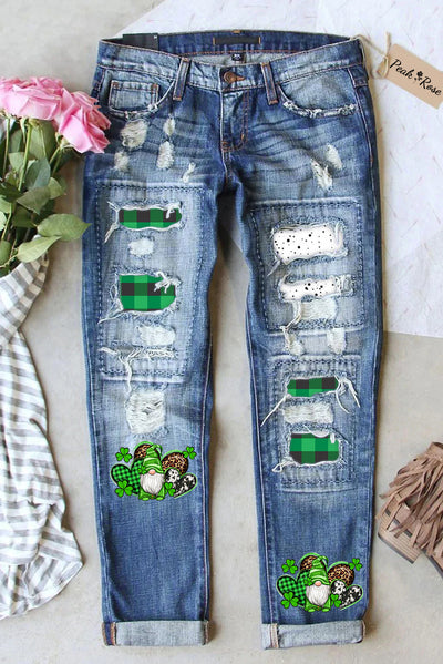 Western Shamrocks Gnome Plaid Polka Dots Ripped Denim Jeans