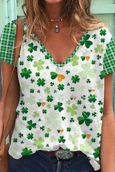 Casual Lucky Green Shamrocks Paid Printed V-neck T-shirt