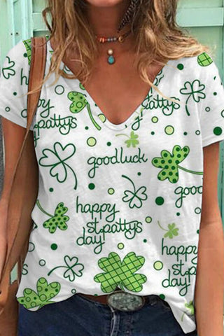 Casual Happy St. Pattys Day Good Luck Green Shamrocks Printed V-neck T-shirt