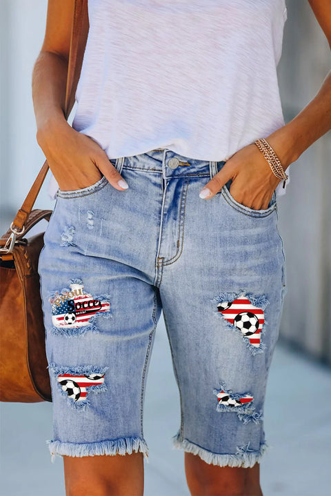 Proud Soccer Mom Print Denim Shorts