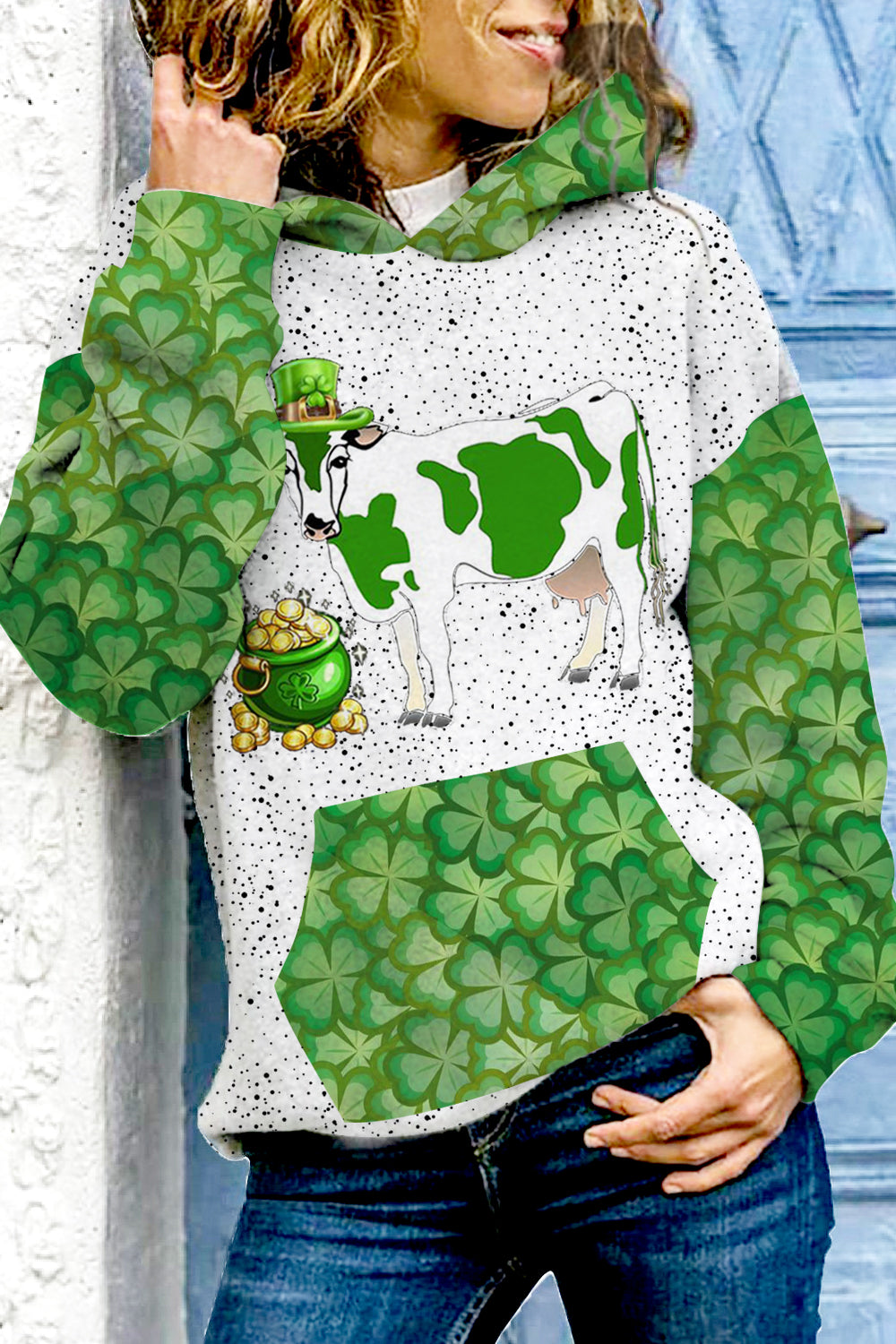 Casual Green Sheep Shamrocks Printed Long Sleeve Hoodie