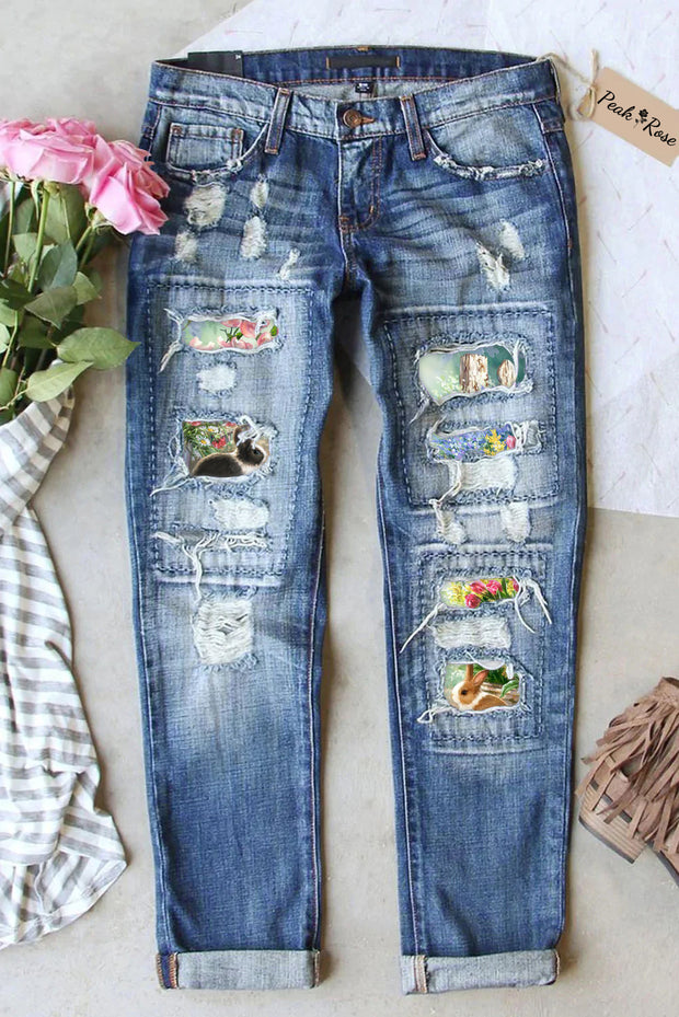 Happy Easter Day Floral Bunny Ripped Denim Jeans