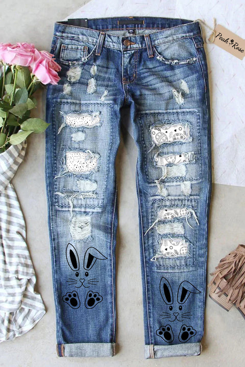 Happy Easter Day Bunnies Eggs Polka Ripped Denim Jeans