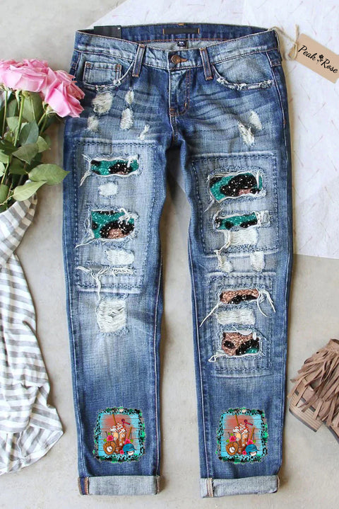 Vintage Western Baseball Leopard Printed Ripped Denim Jeans