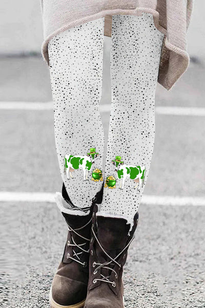 Casual Green Sheep Polka Dots Printed Leggings