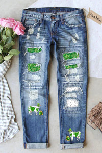 Casual Green Shamrocks Sheep Polka Dots Patchwork Jeans