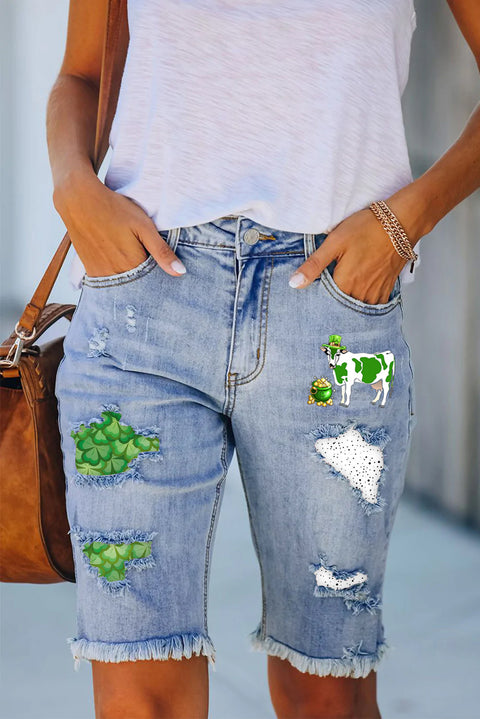 Casual Green Shamrocks Sheep Polka Dots Patchwork Bermuda Denim Shorts