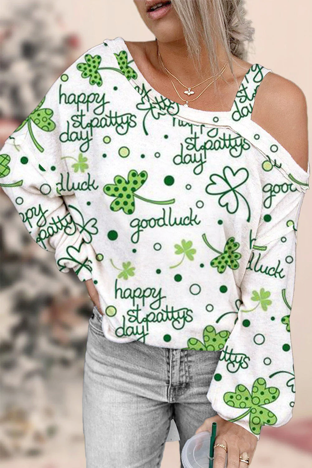 Casual Happy St. Pattys Day Good Luck Green Shamrocks Printed Off-shoulder Blouse