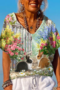Happy Easter Day Floral Bunny Dolman Sleeves Tee