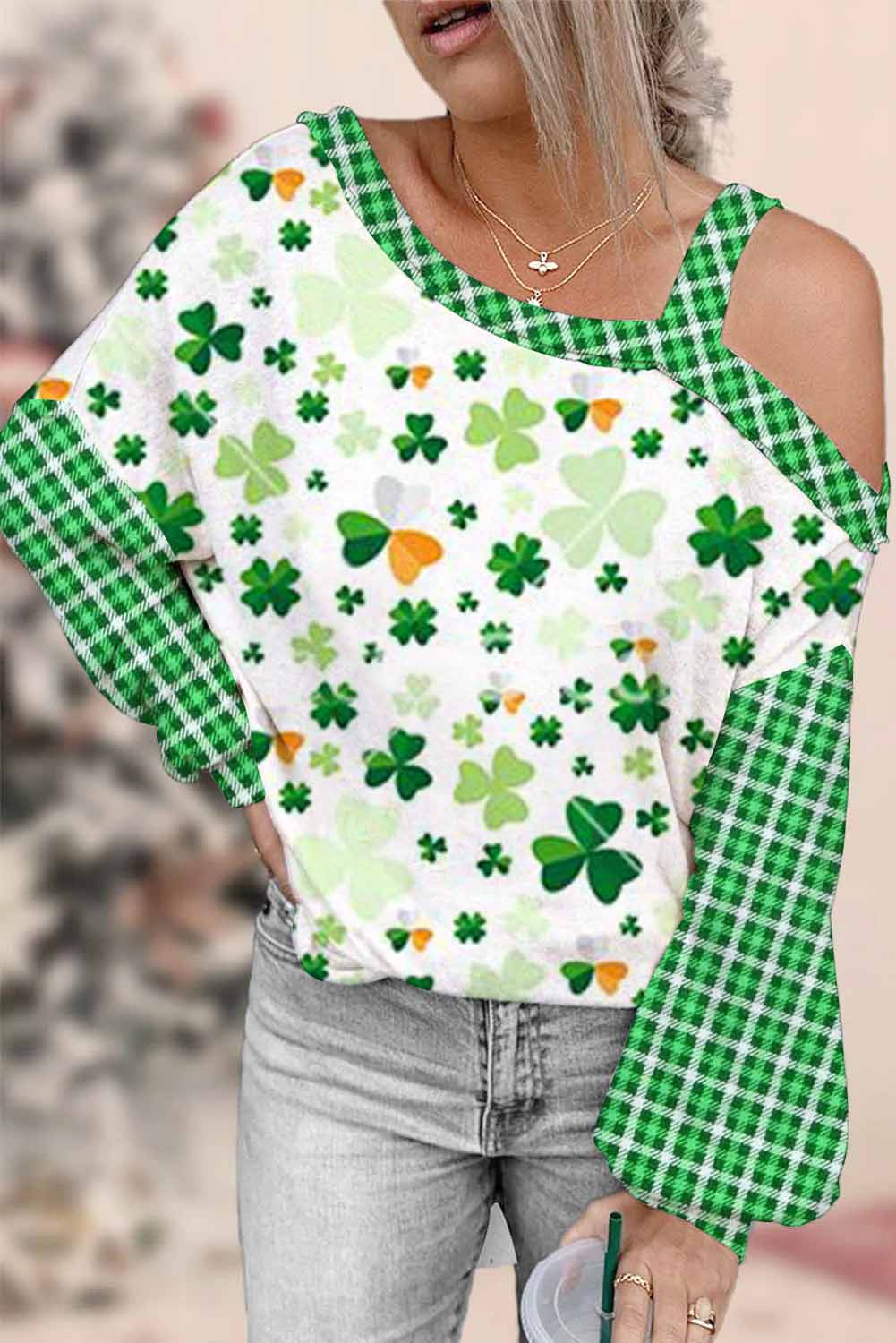 Casual Lucky Green Shamrocks Paid Printed Off-shoulder Blouse