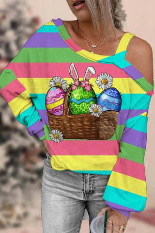 Happy Easter Day Colorful Eggs Stripe Off-Shoulder Blouse