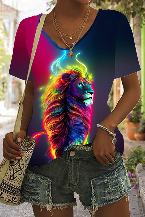 Lion Abstract Print Tie-Dye V Neck T-shirt