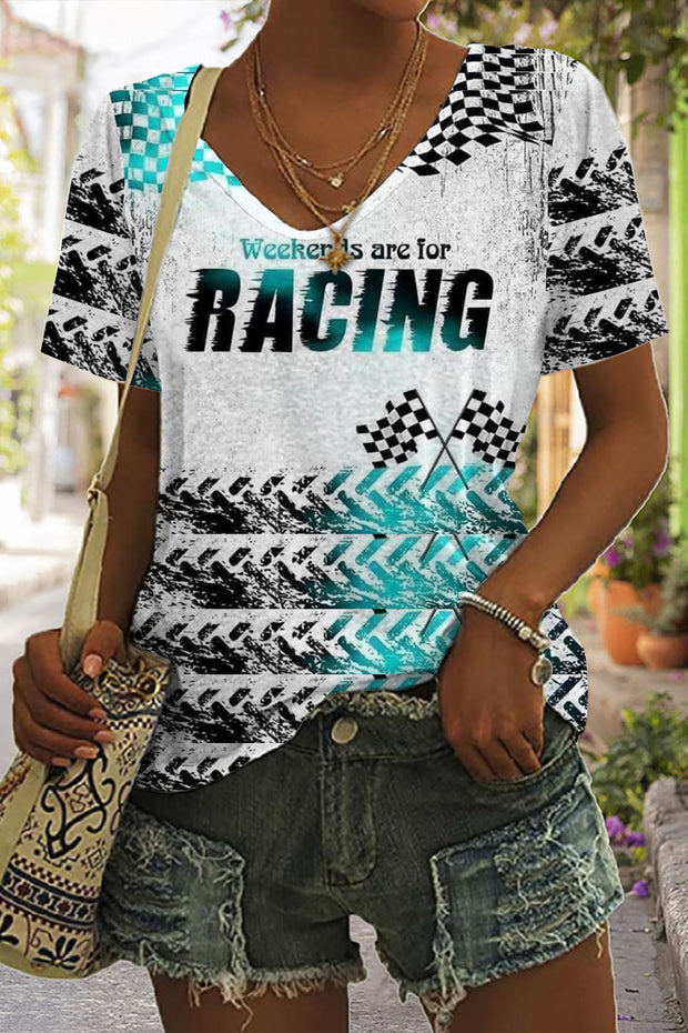 Weekens Are For Racing Print Tie-Dye V Neck T-shirt