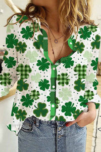 Casual Lucky Green Shamrocks Paid Printed Long Sleeve Shirt