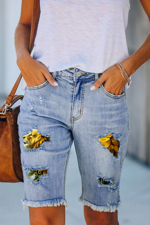 Lion Sunflower Print Denim Shorts