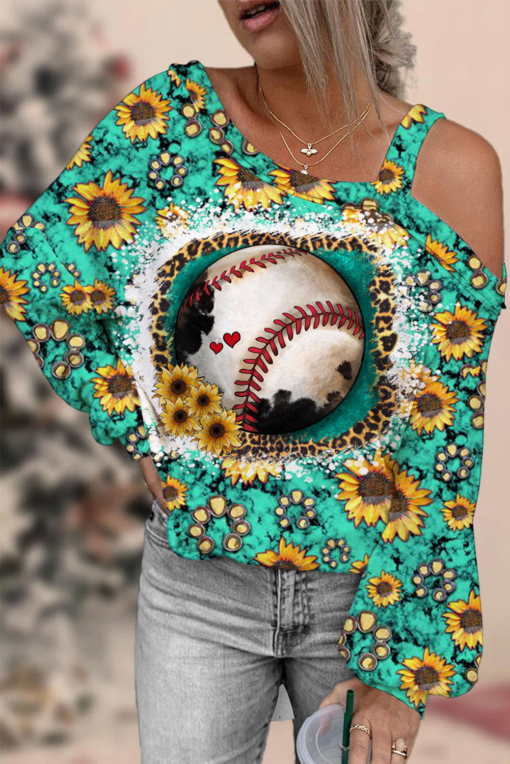 Western Sunflower Baseball Concho Printed Off Shoulder Blouse