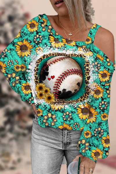 Western Sunflower Baseball Concho Printed Off Shoulder Blouse