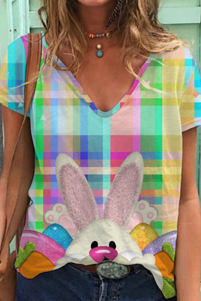 Happy Easter Day Bunny Colorful Plaid V Neck Short Sleeve T-shirt