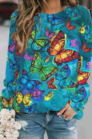 Butterflies Blue Round Neck Long Sleeve Sweatshirt